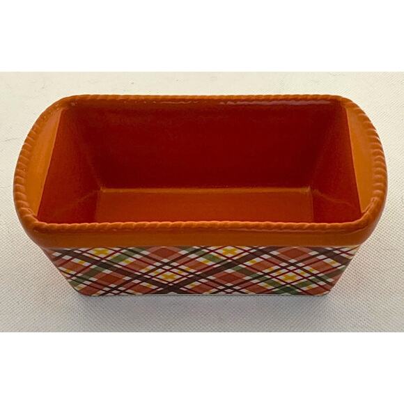 LOAF BAKING DISH-TEMP-TATIONS-Ceramic-Pumpkin & Green-Plaid-Holiday Theme-Small - Picture 2 of 8